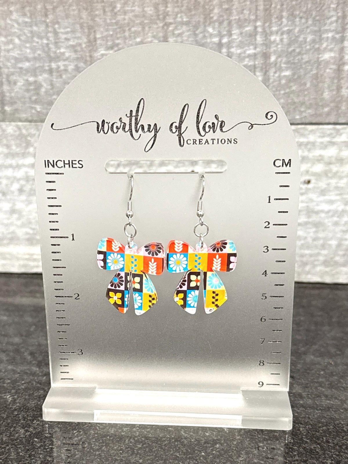 Scandinavian Folk Print Bow Earrings, Stainless Steel & Acrylic