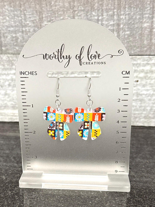 Scandinavian Folk Print Bow Earrings, Stainless Steel & Acrylic