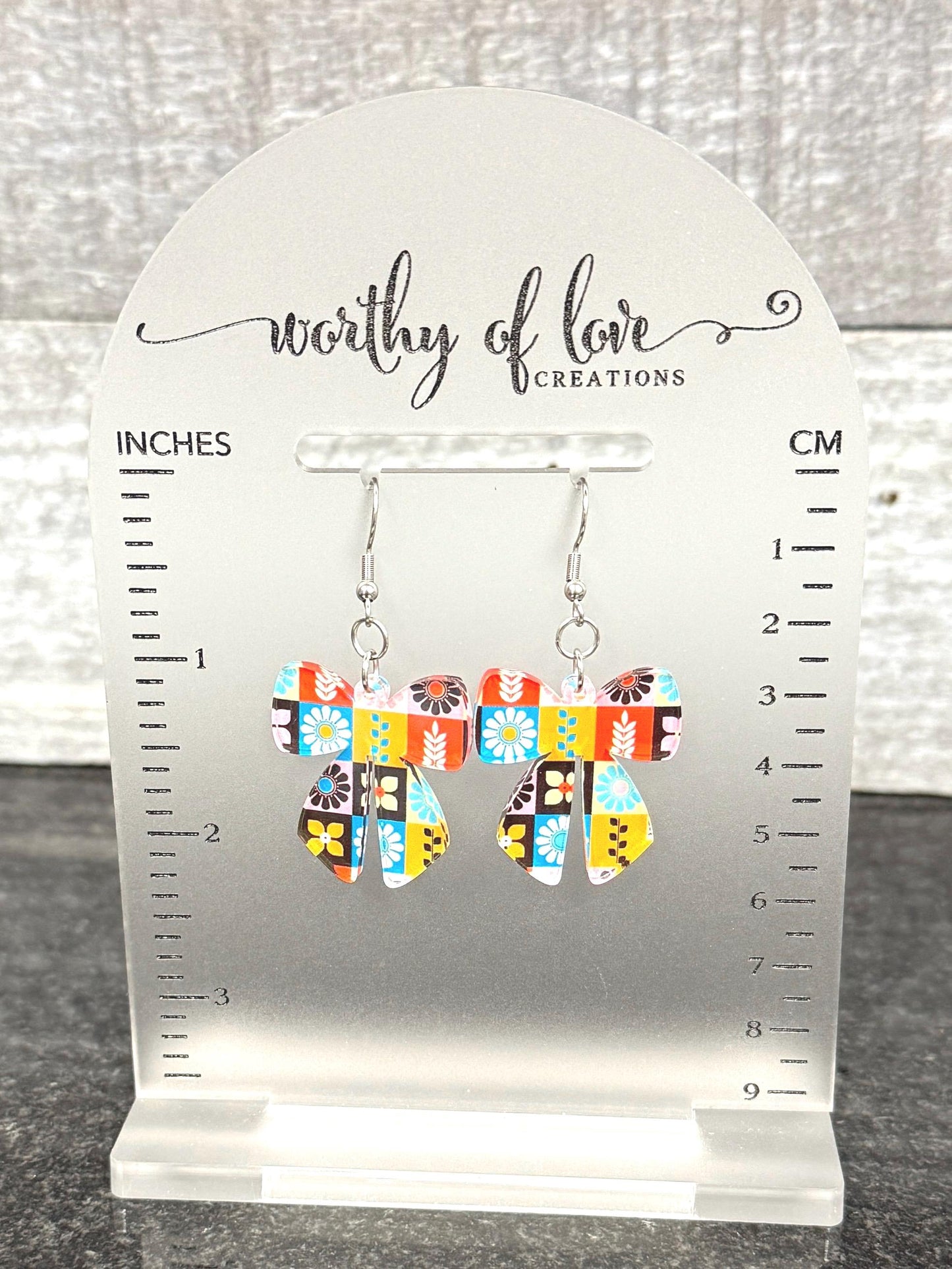 Scandinavian Folk Print Bow Earrings, Stainless Steel & Acrylic