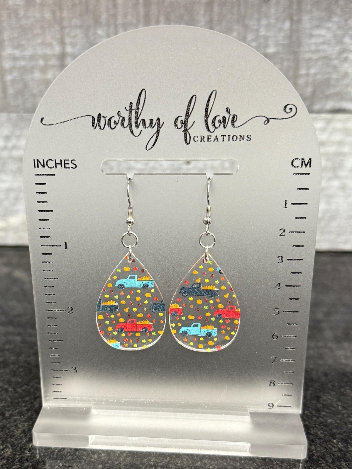 Autumn earrings with vintage trucks and pumpkins and leaves