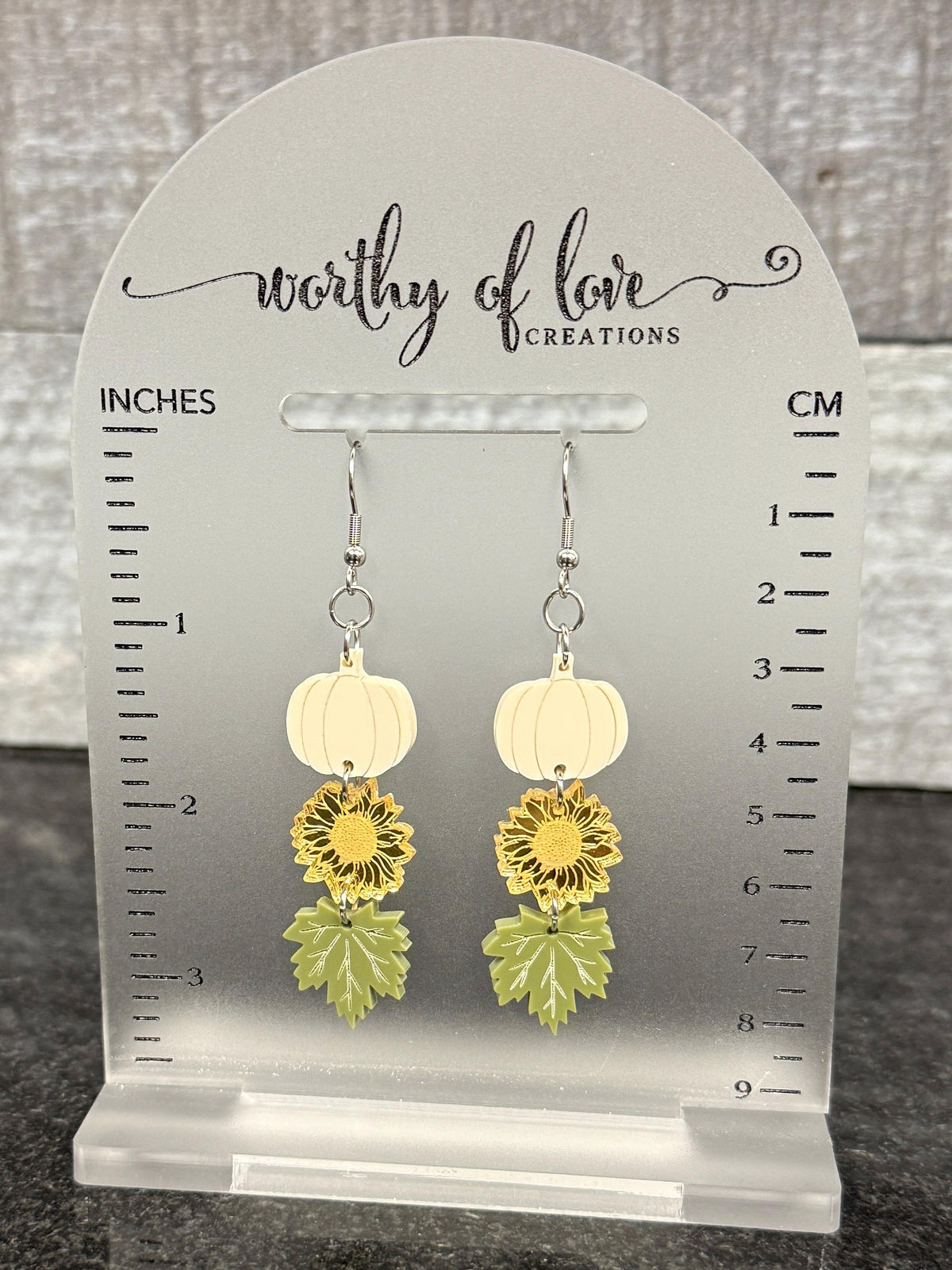 Autumn Earrings, Stainless Steel, Acrylic, with White Pumpkins, Sunflowers, and Leaves