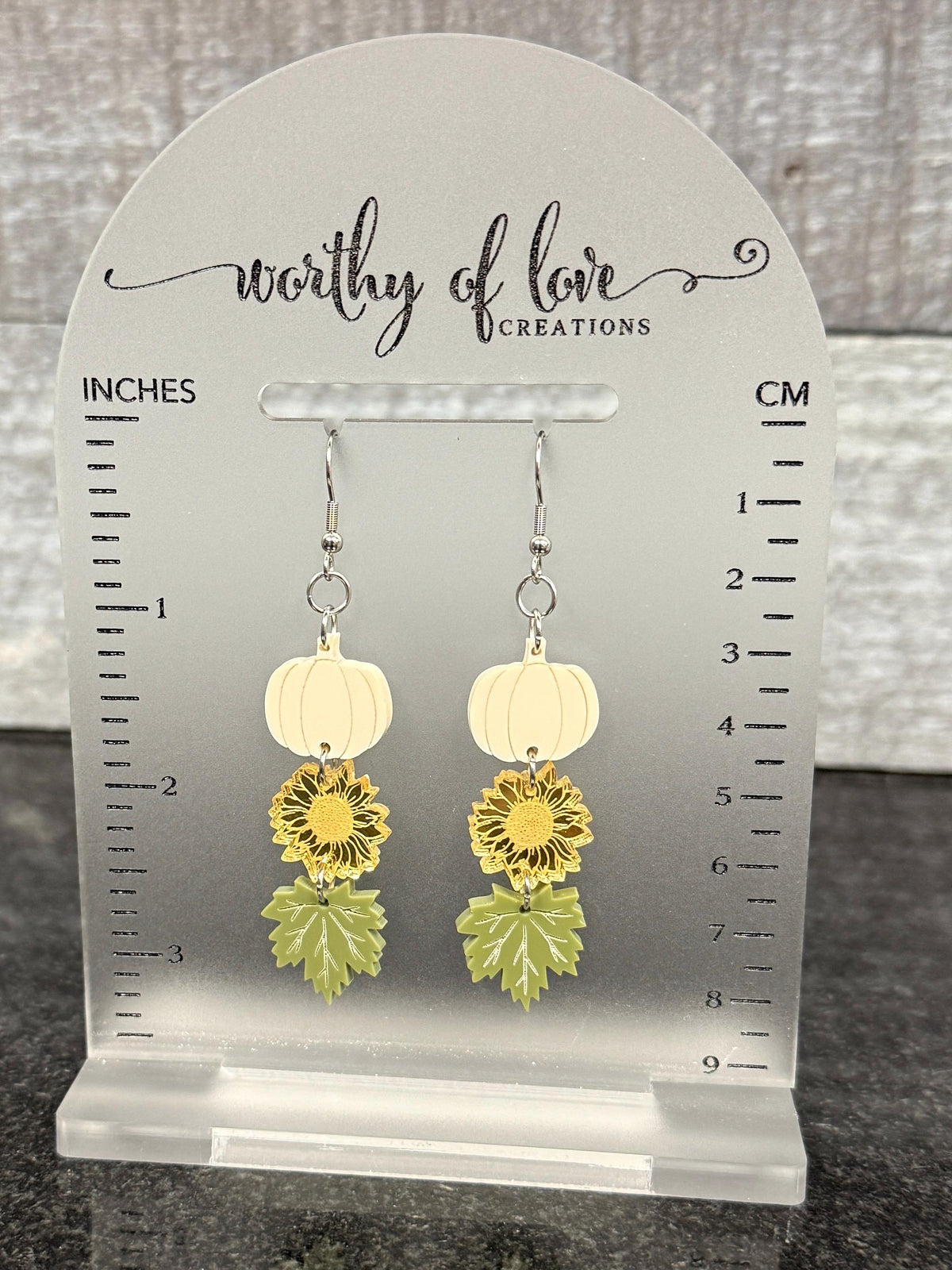 Autumn Earrings, Stainless Steel, Acrylic, with White Pumpkins, Sunflowers, and Leaves