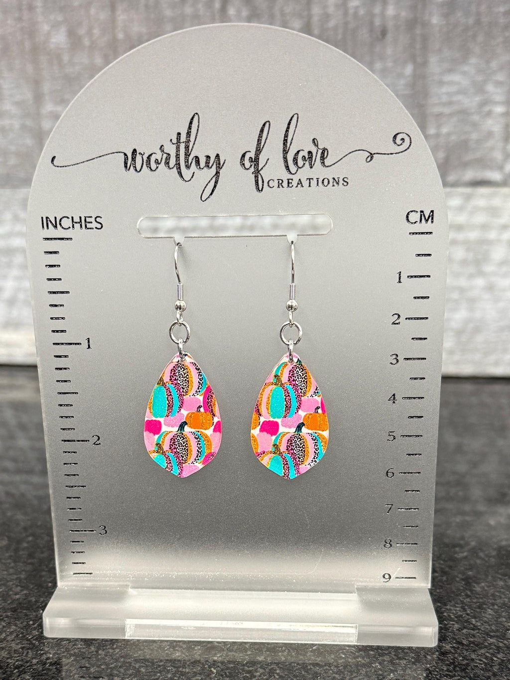 Animal Print Pumpkin earrings, stainless steel and acrylic, Thanksgiving jewelry