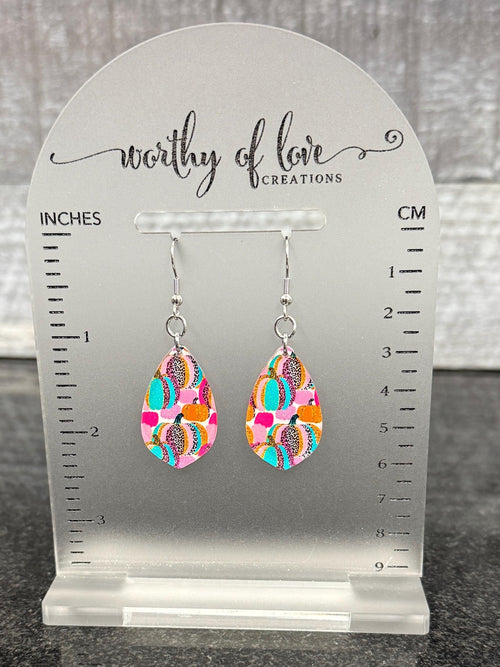 Animal Print Pumpkin earrings, stainless steel and acrylic, Thanksgiving jewelry