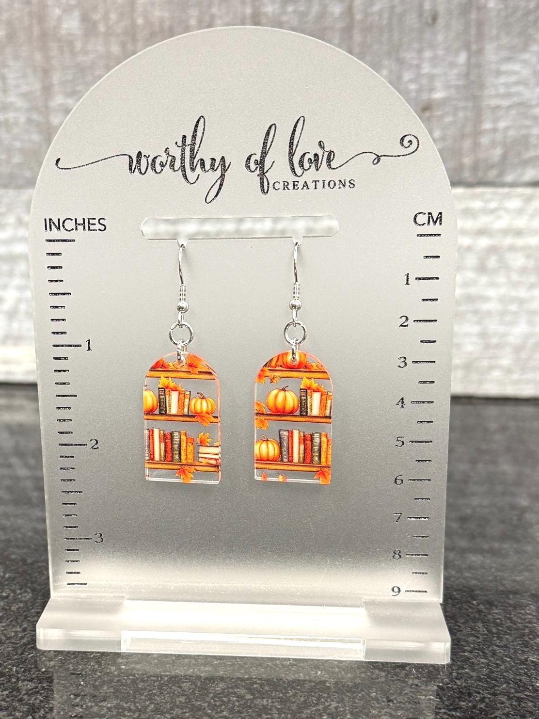 Autumn Book & Pumpkin Earrings: Acrylic Fall Jewelry
