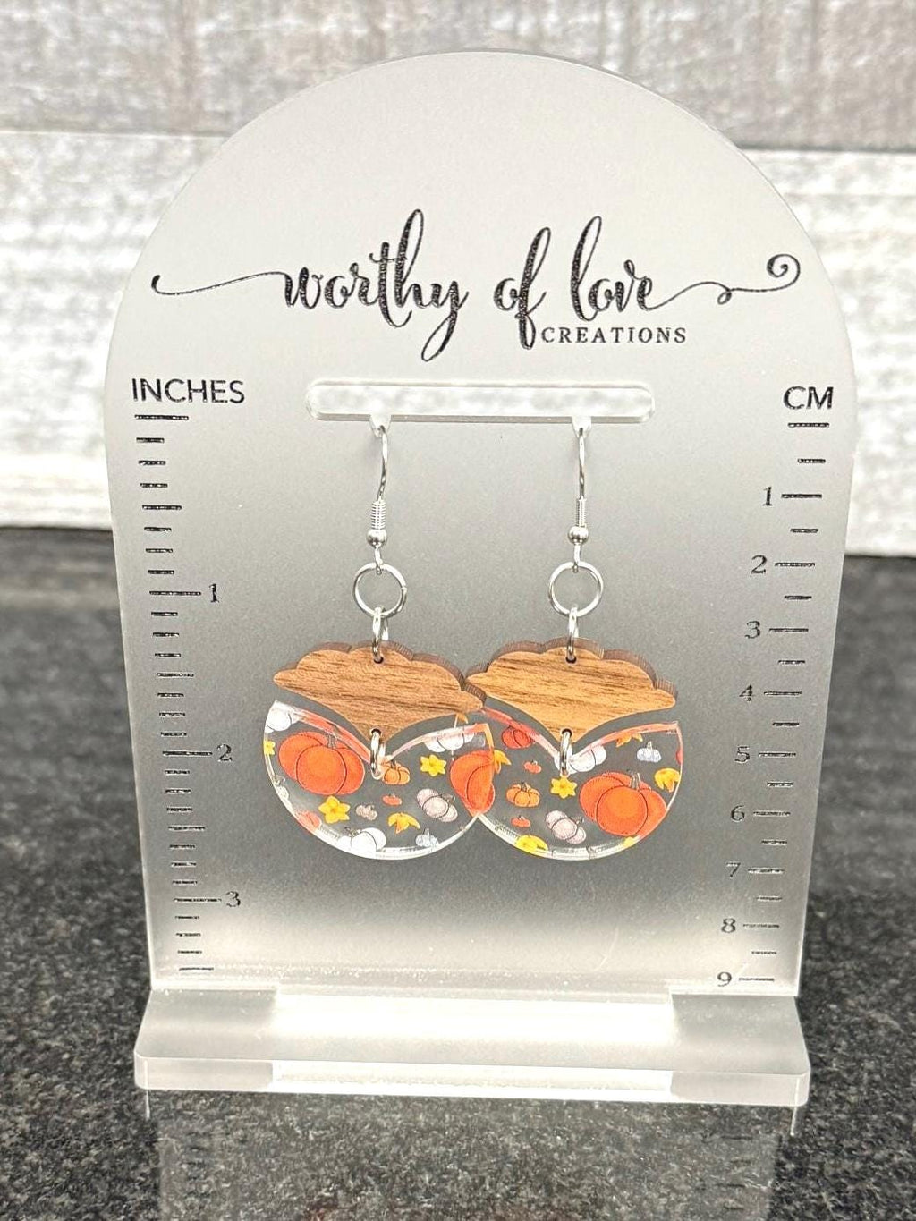 Wood & Acrylic Pumpkin Earrings: Autumn Harvest, Stainless Steel