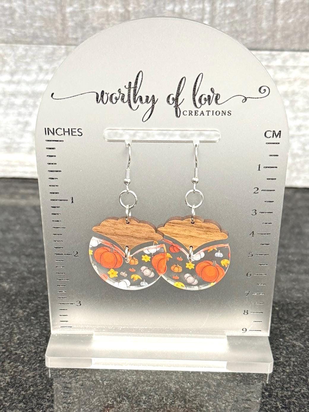 Wood & Acrylic Pumpkin Earrings: Autumn Harvest, Stainless Steel