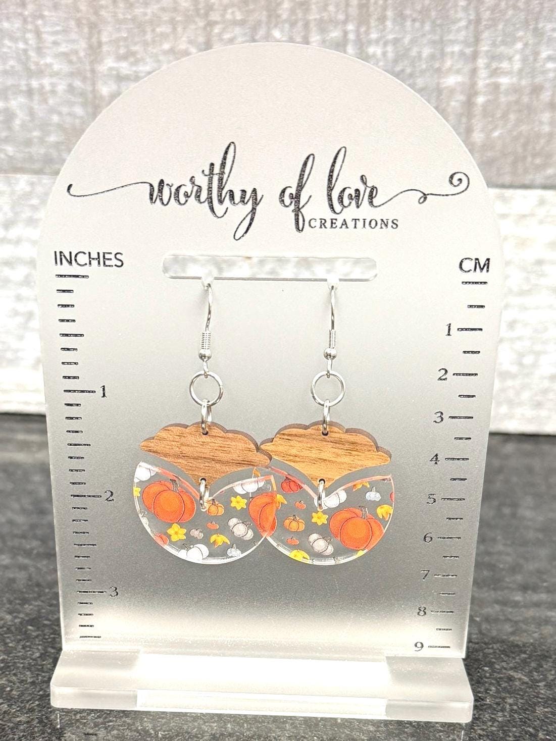 Wood & Acrylic Pumpkin Earrings: Autumn Harvest, Stainless Steel