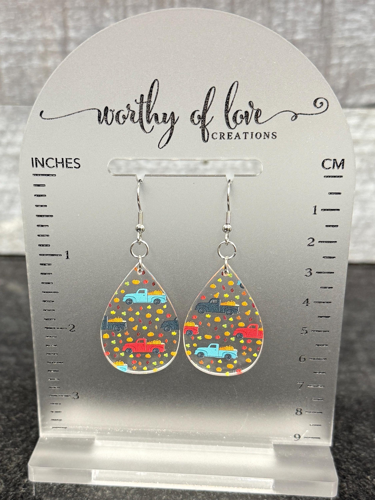 Autumn earrings with vintage trucks and pumpkins and leaves