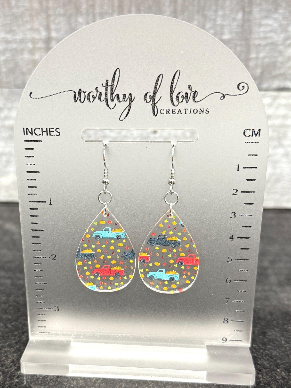 Autumn earrings with vintage trucks and pumpkins and leaves