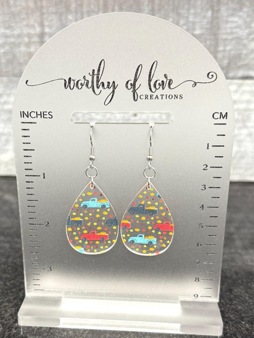 Autumn earrings with vintage trucks and pumpkins and leaves