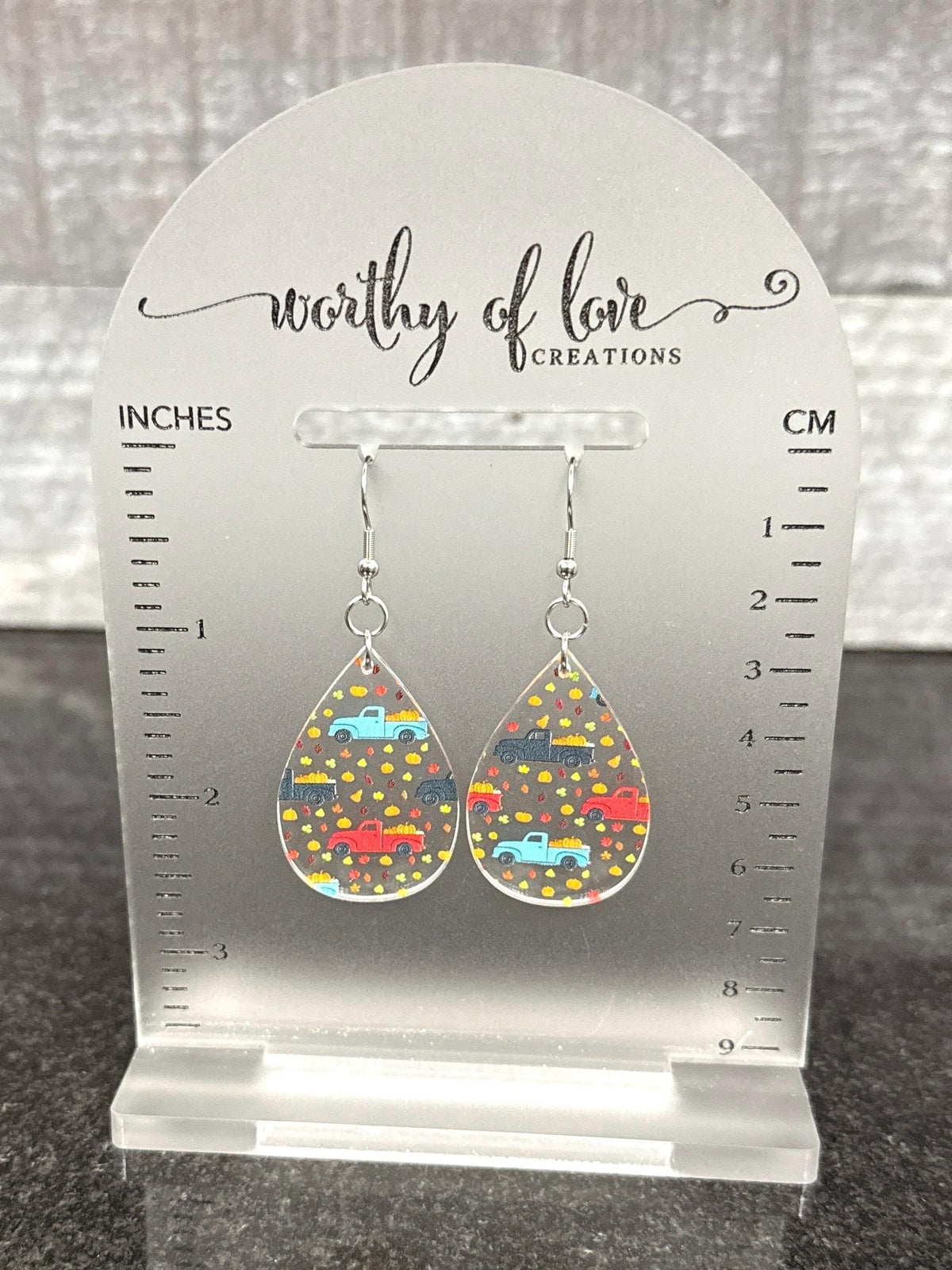 Autumn earrings with vintage trucks and pumpkins and leaves