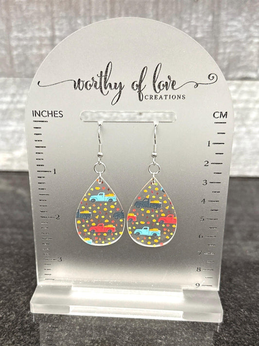 Autumn earrings with vintage trucks and pumpkins and leaves