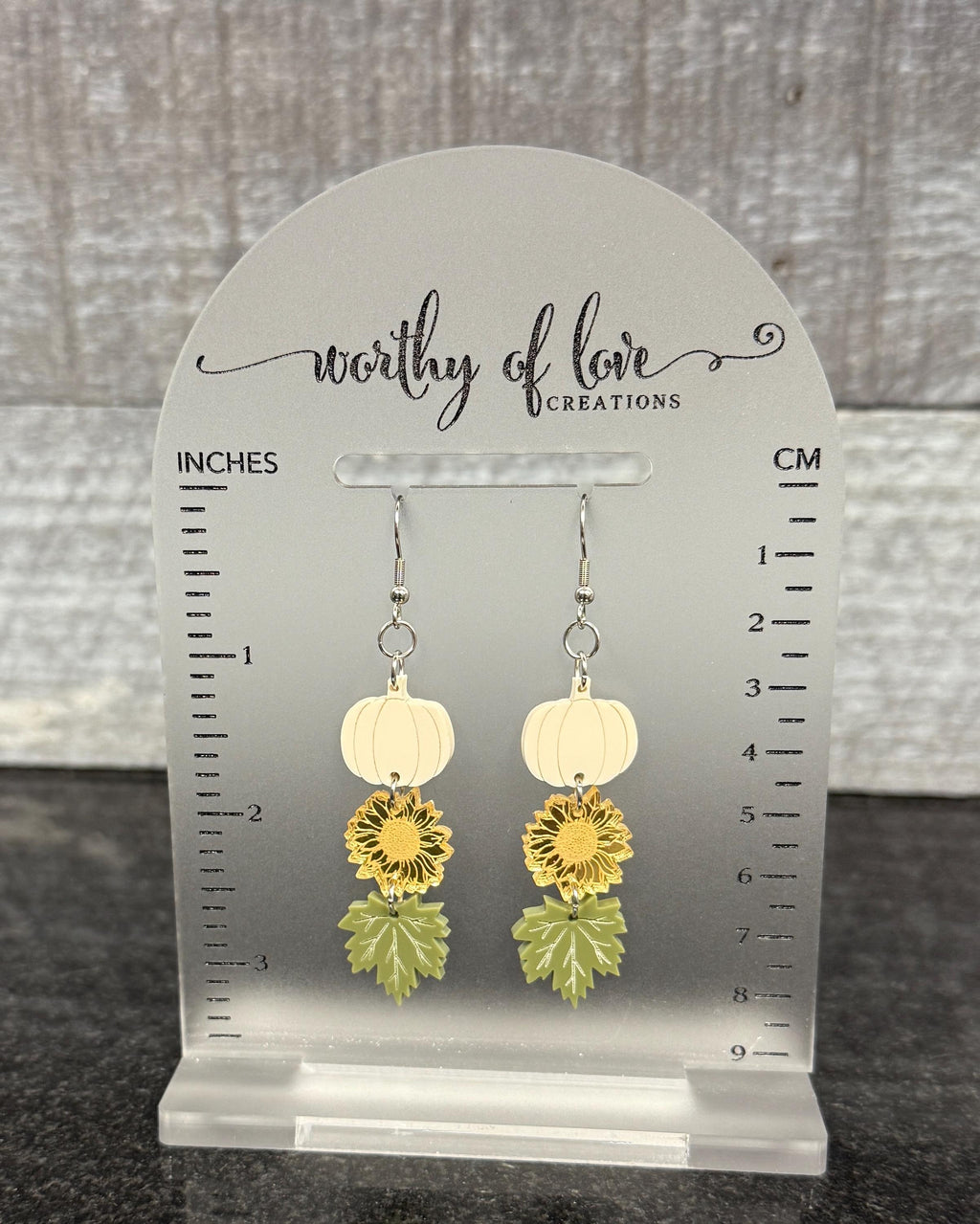 Autumn Earrings, Stainless Steel, Acrylic, with White Pumpkins, Sunflowers, and Leaves