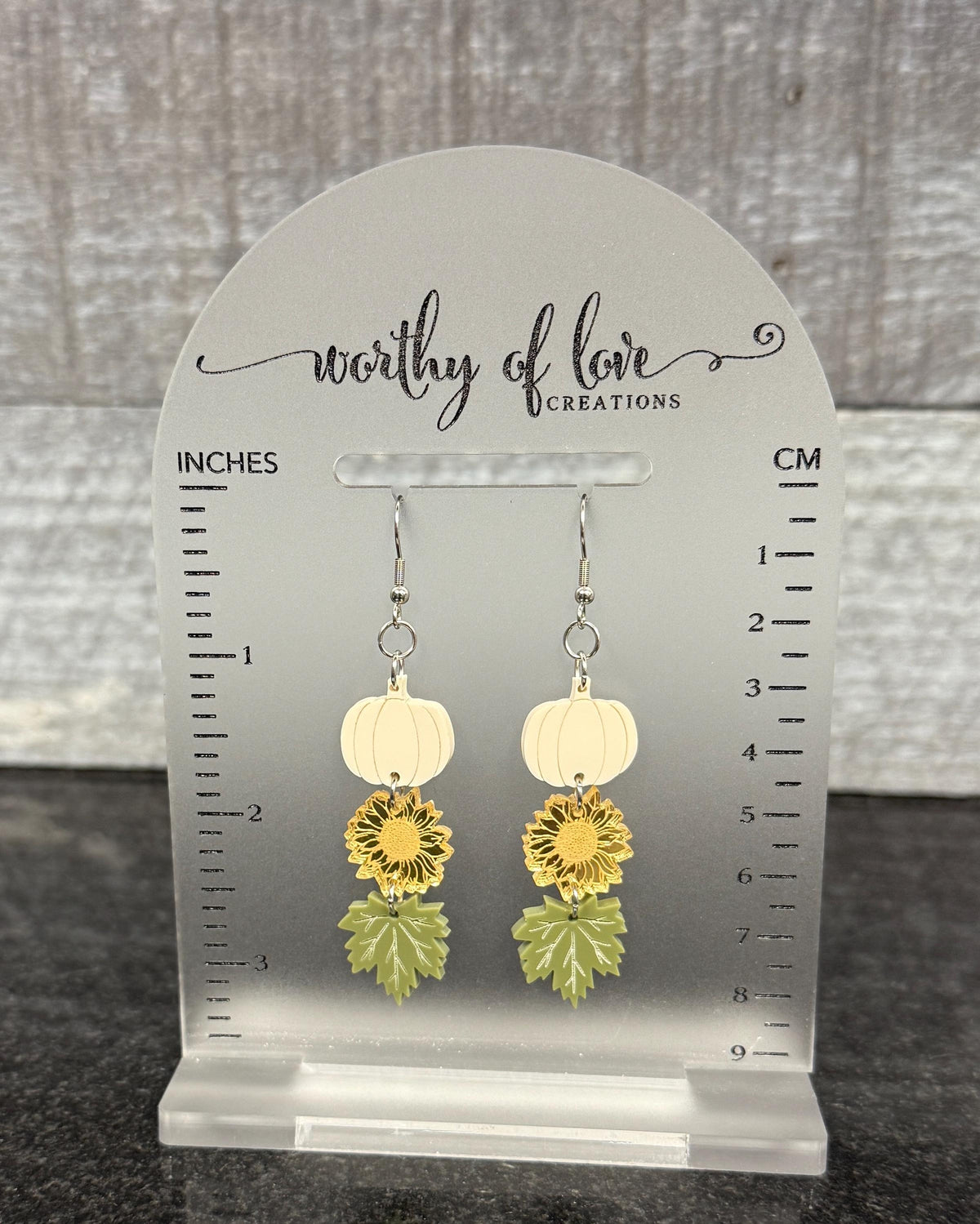 Autumn Earrings, Stainless Steel, Acrylic, with White Pumpkins, Sunflowers, and Leaves