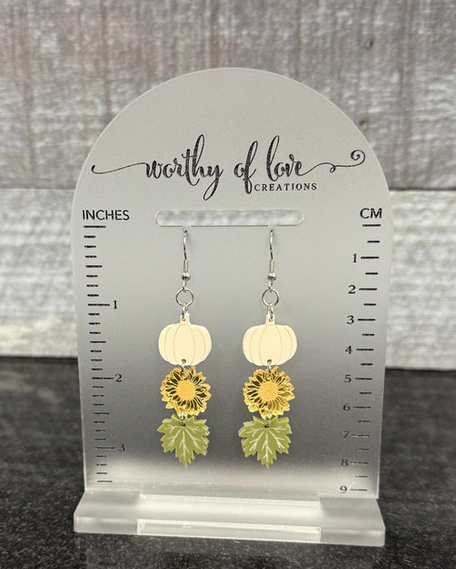 Autumn Earrings, Stainless Steel, Acrylic, with White Pumpkins, Sunflowers, and Leaves