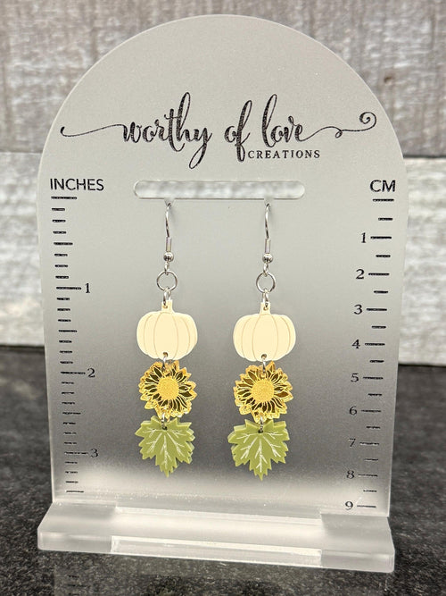 Autumn Earrings, Stainless Steel, Acrylic, with White Pumpkins, Sunflowers, and Leaves