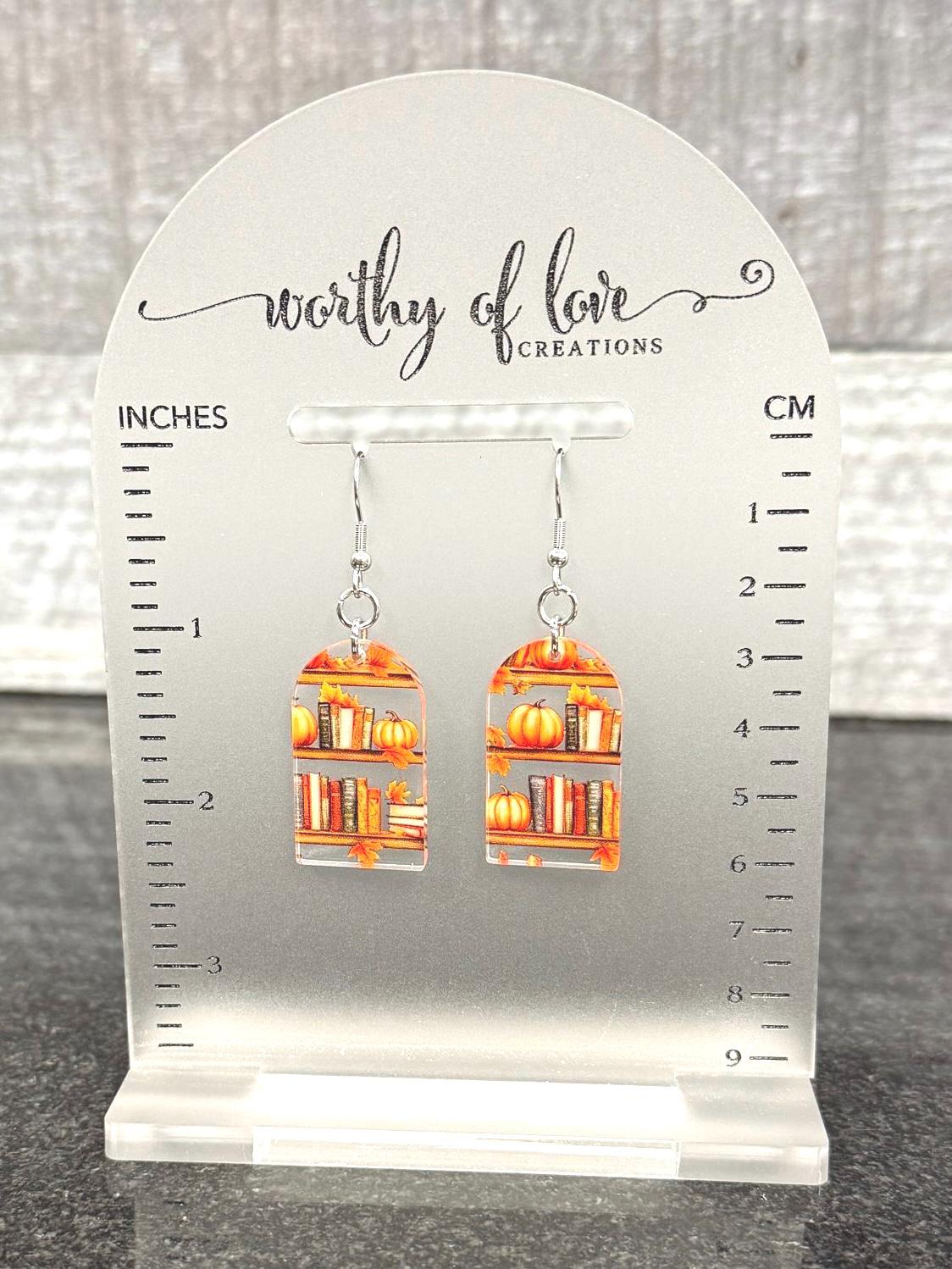 Autumn Book & Pumpkin Earrings: Acrylic Fall Jewelry