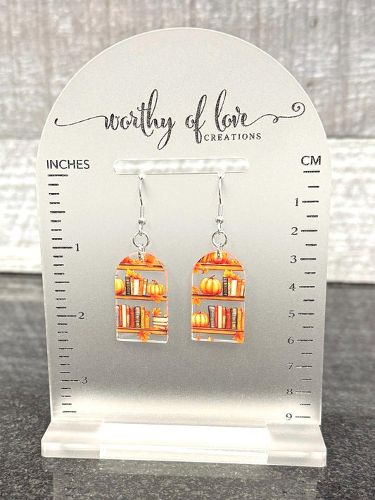 Autumn Book & Pumpkin Earrings: Acrylic Fall Jewelry