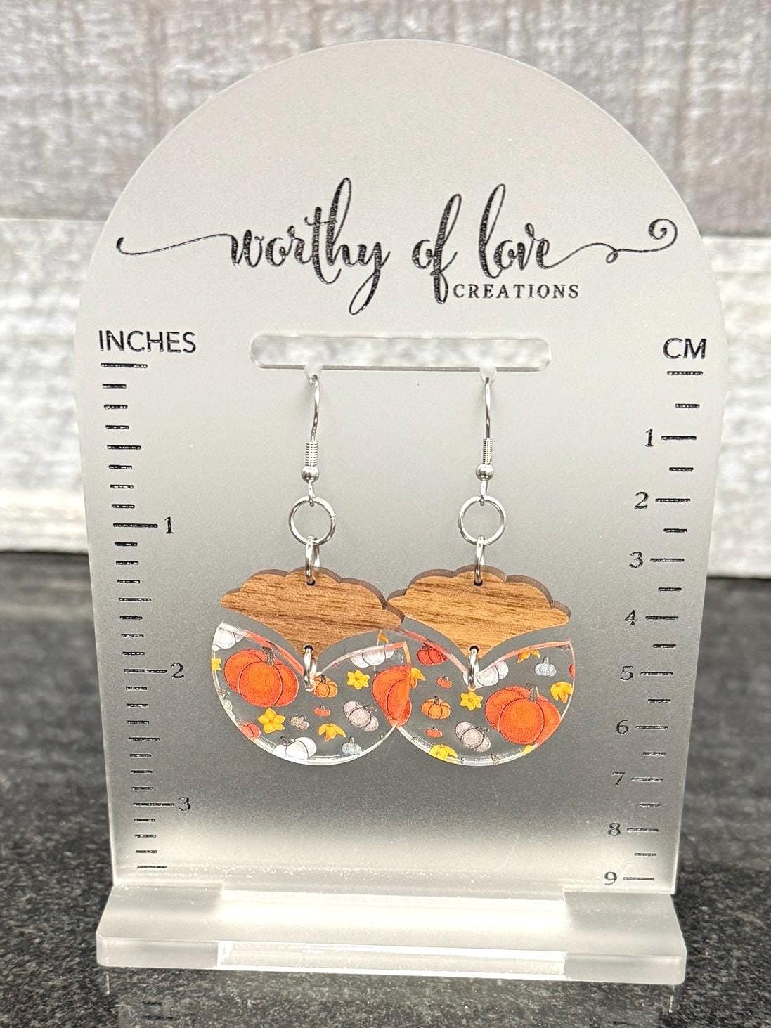 Wood & Acrylic Pumpkin Earrings: Autumn Harvest, Stainless Steel