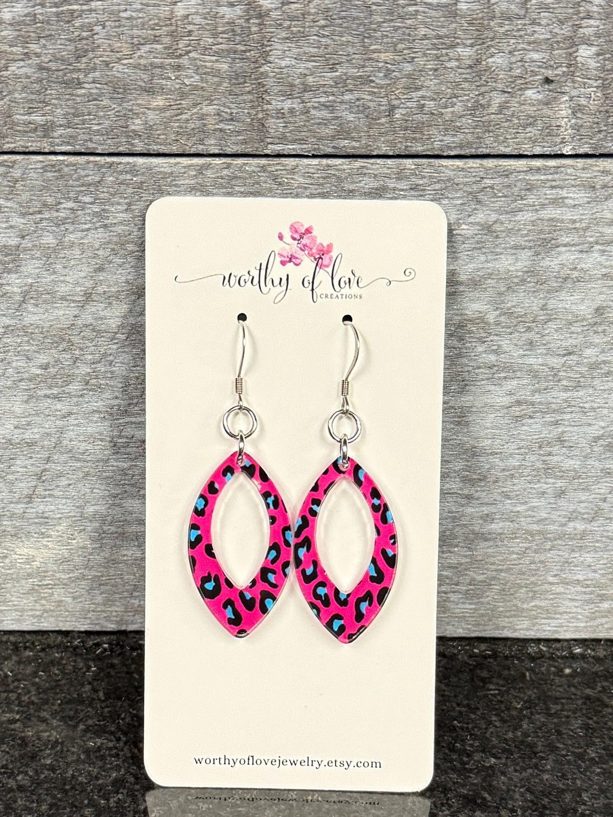 Pink Cheetah Print Dangle Drop Earrings: Acrylic Stainless Steel