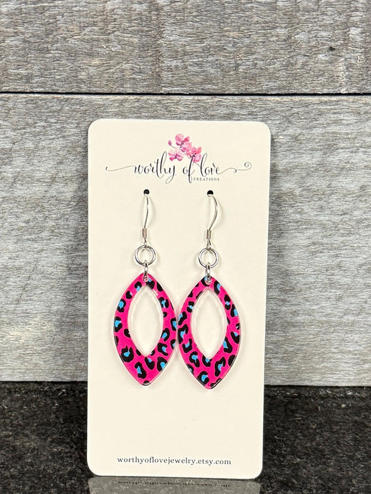 Pink Cheetah Print Dangle Drop Earrings: Acrylic Stainless Steel