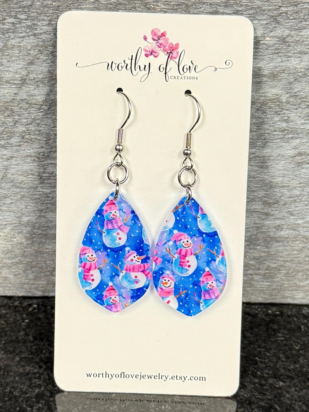 Snowman earrings, stainless steel and acrylic dangle drop earrings