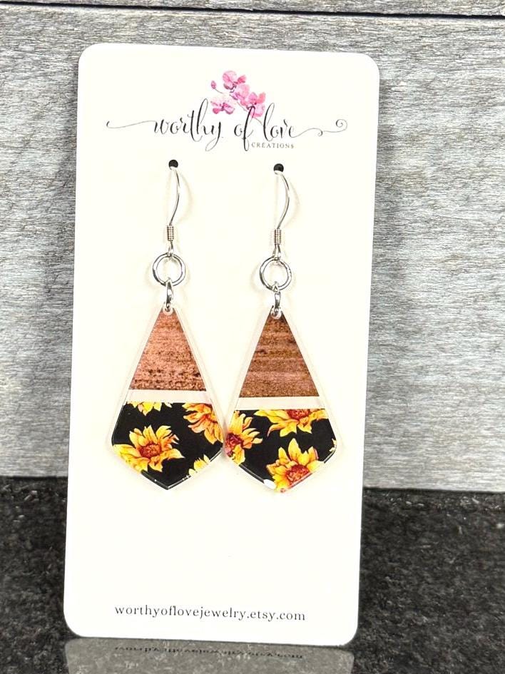 sunflower earrings, acrylic and stainless sunflower jewelry