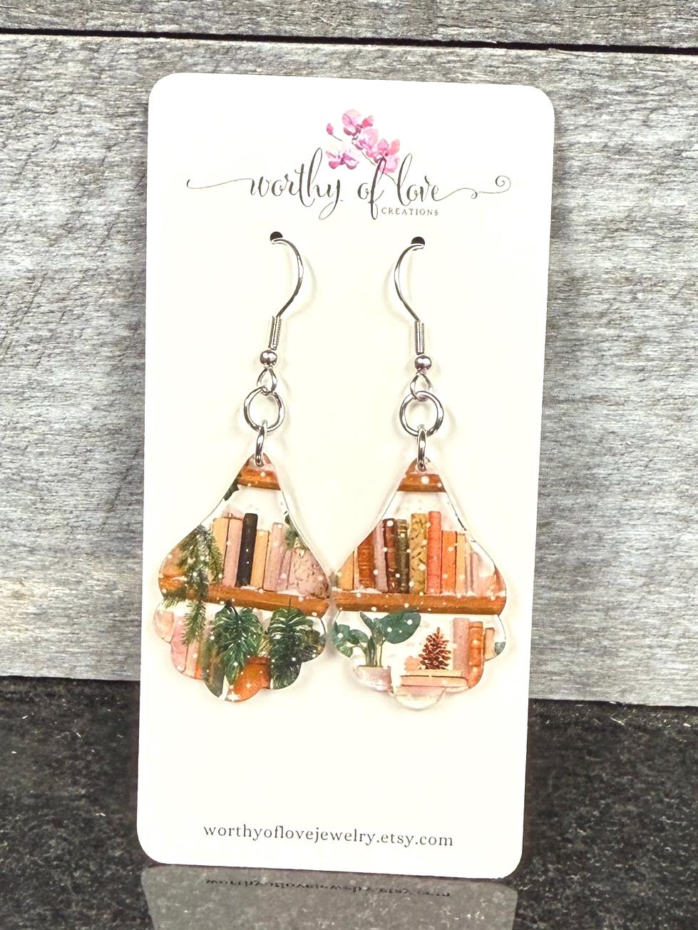 Books and Plants Earrings: Stainless Steel Bookworm Jewelry