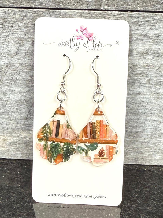Books and Plants Earrings: Stainless Steel Bookworm Jewelry