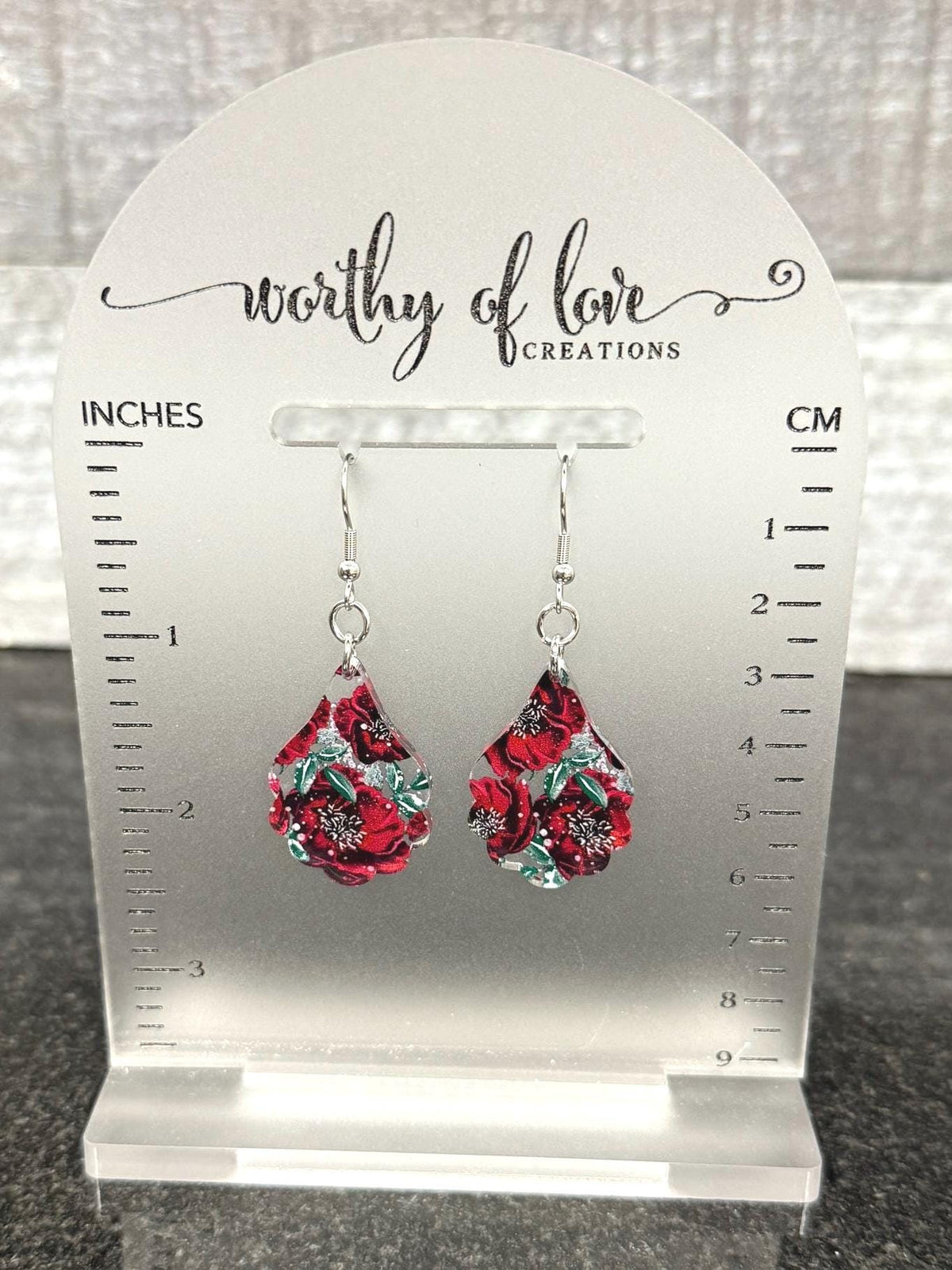 winter burgundy flower earrings, winter jewelry stainless steel and acrylic