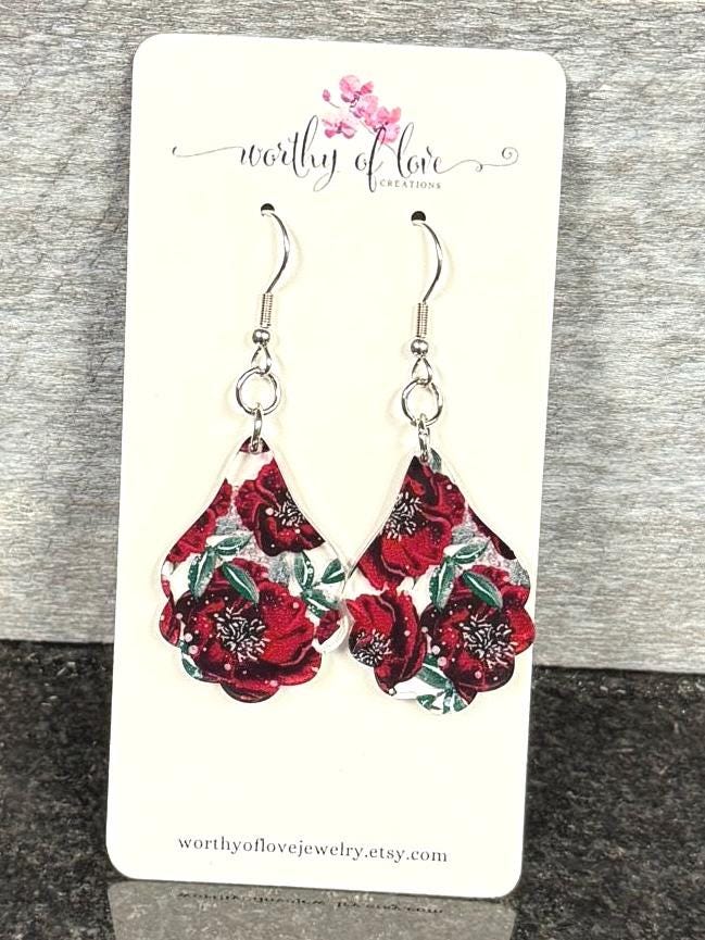 winter burgundy flower earrings, winter jewelry stainless steel and acrylic