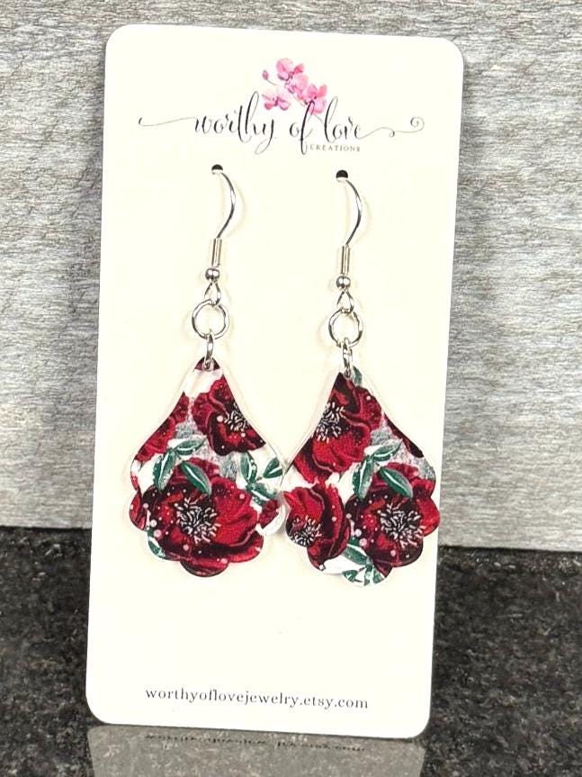 winter burgundy flower earrings, winter jewelry stainless steel and acrylic