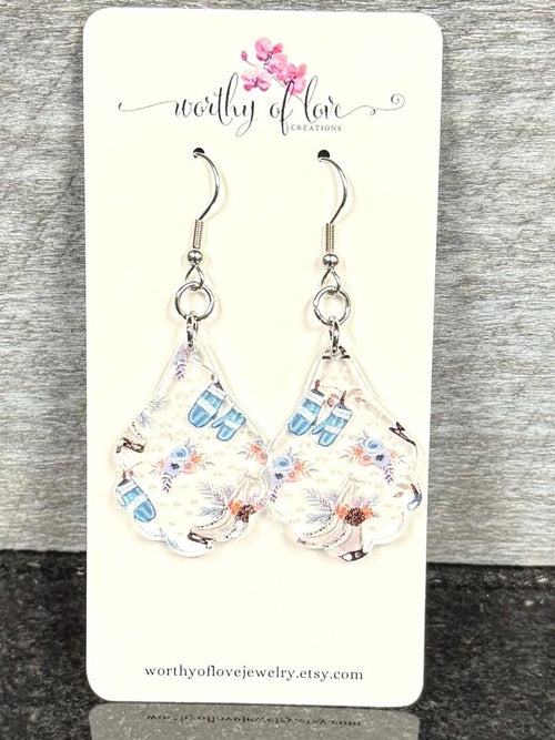 Acrylic Ice Skate & Mitten Earrings: Winter Stainless Steel Jewelry