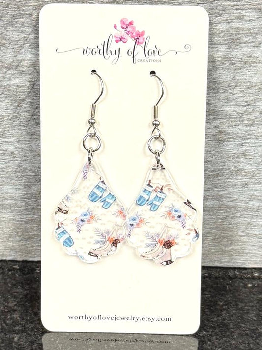 Acrylic Ice Skate & Mitten Earrings: Winter Stainless Steel Jewelry