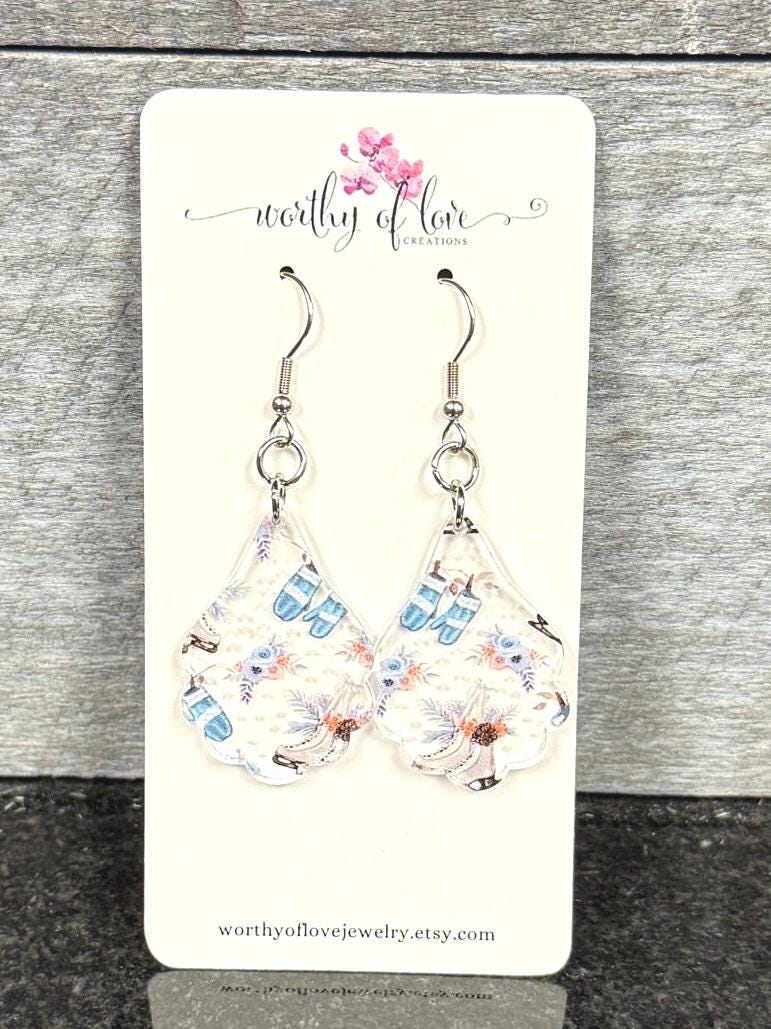 Acrylic Ice Skate & Mitten Earrings: Winter Stainless Steel Jewelry