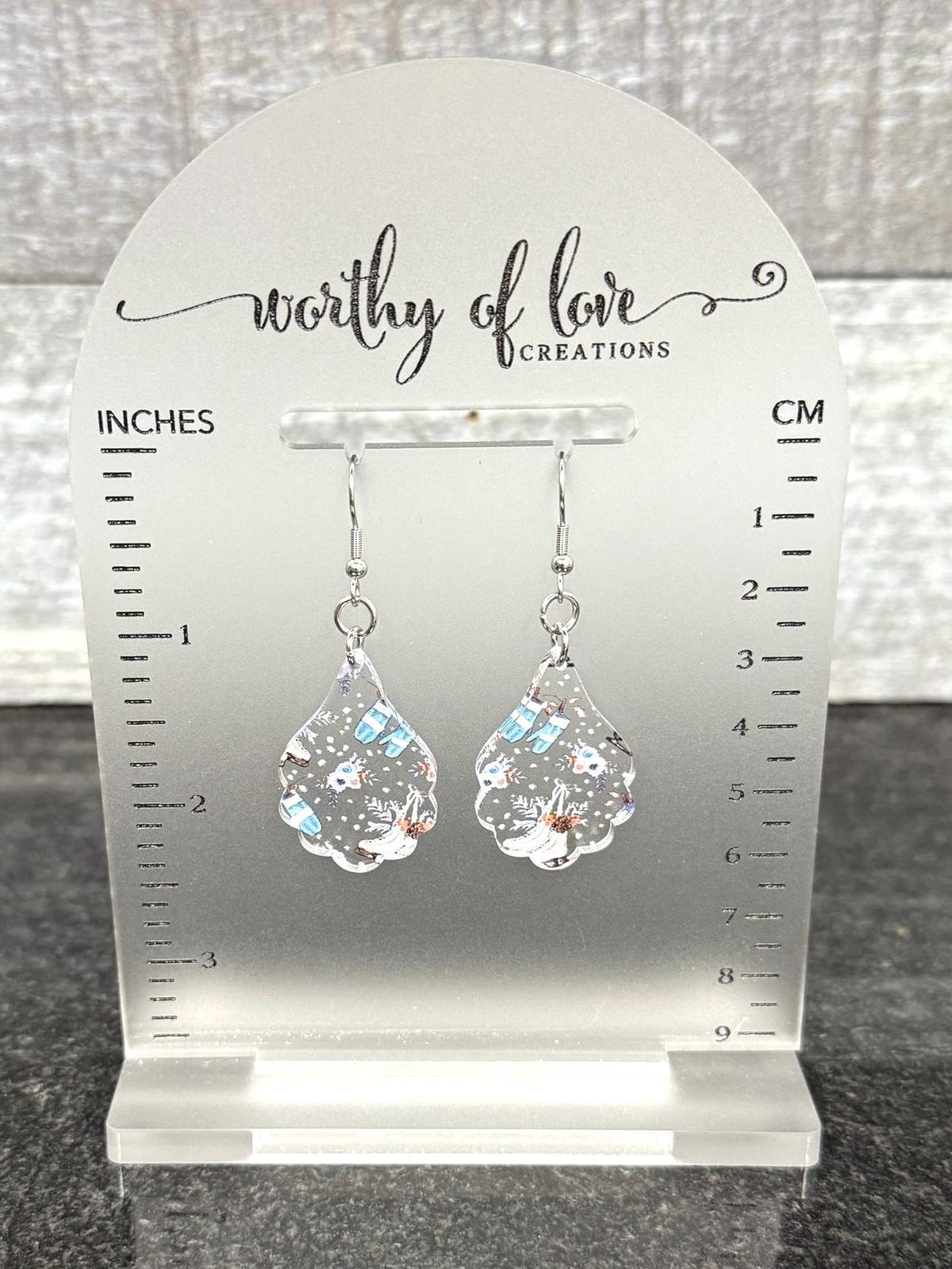 Acrylic Ice Skate & Mitten Earrings: Winter Stainless Steel Jewelry