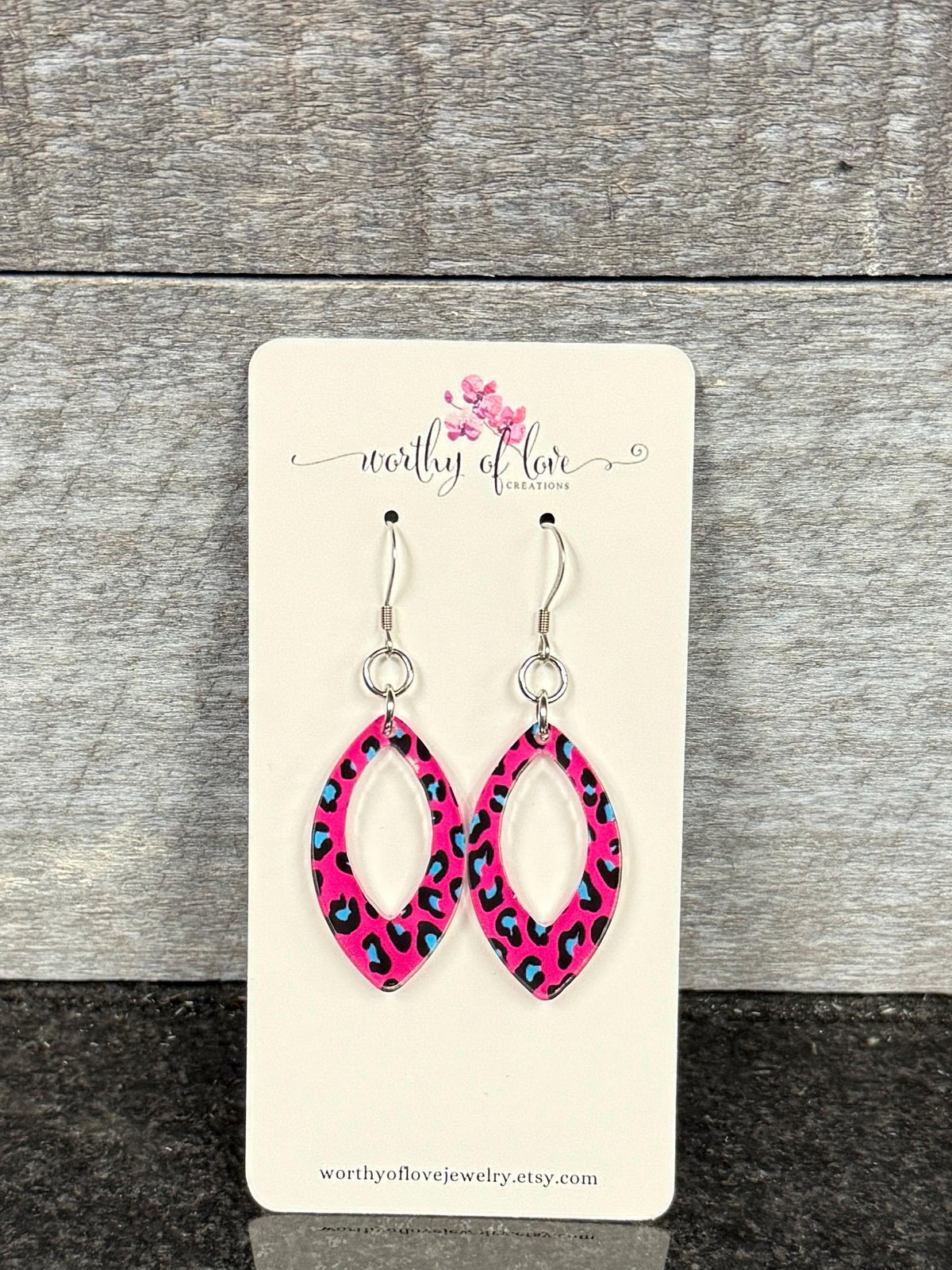 Pink Cheetah Print Dangle Drop Earrings: Acrylic Stainless Steel