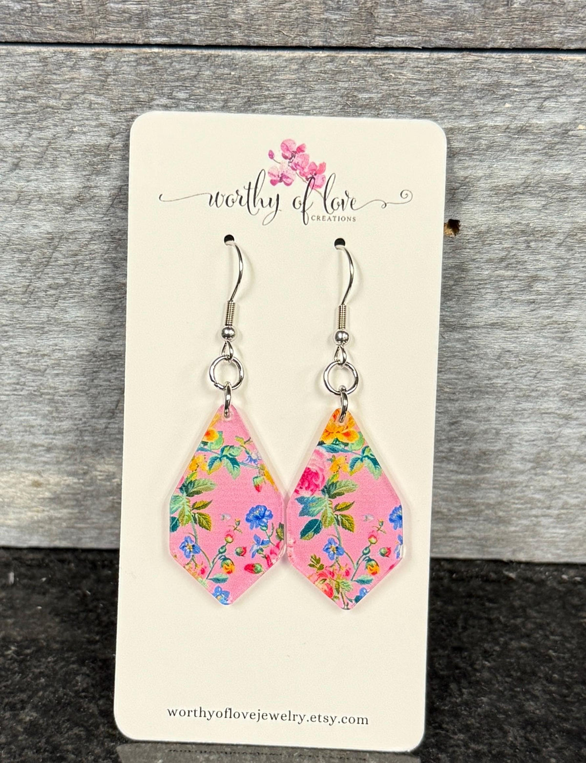 floral print earrings, pink earrings stainless steel and acrylic