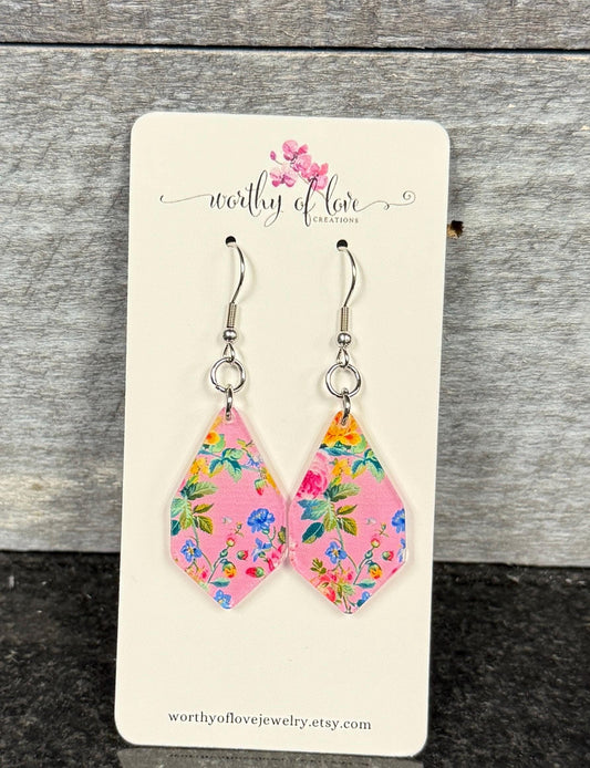 floral print earrings, pink earrings stainless steel and acrylic