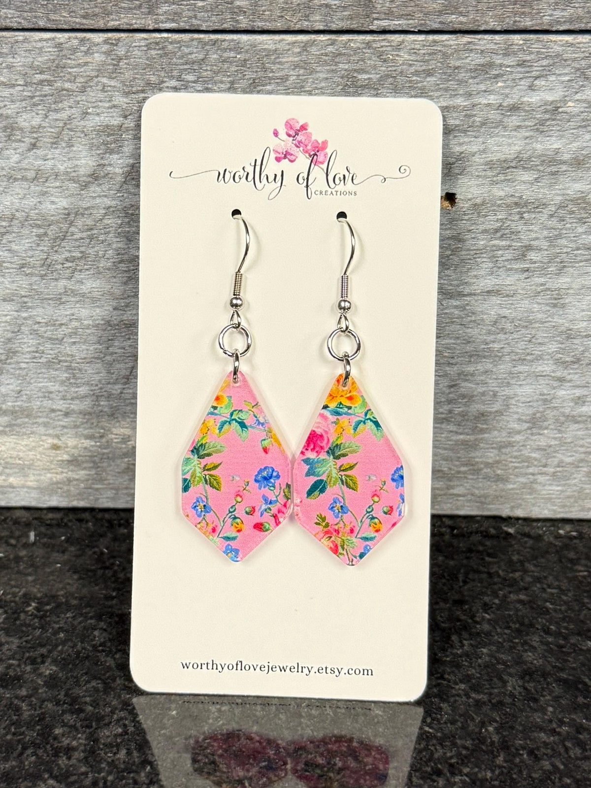 floral print earrings, pink earrings stainless steel and acrylic