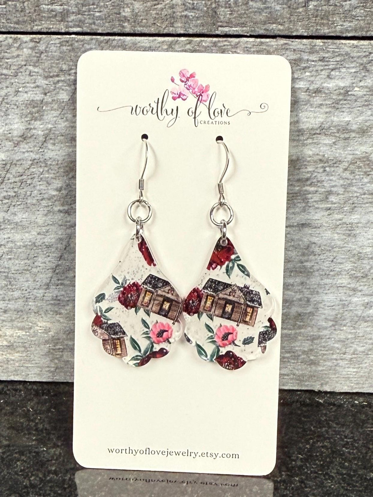 winter white floral cottage earrings, cottagecore earrings, stainless steel and acrylic