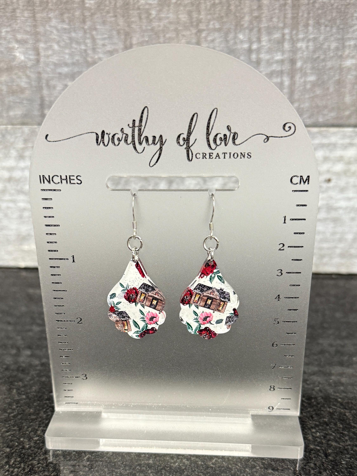 winter white floral cottage earrings, cottagecore earrings, stainless steel and acrylic