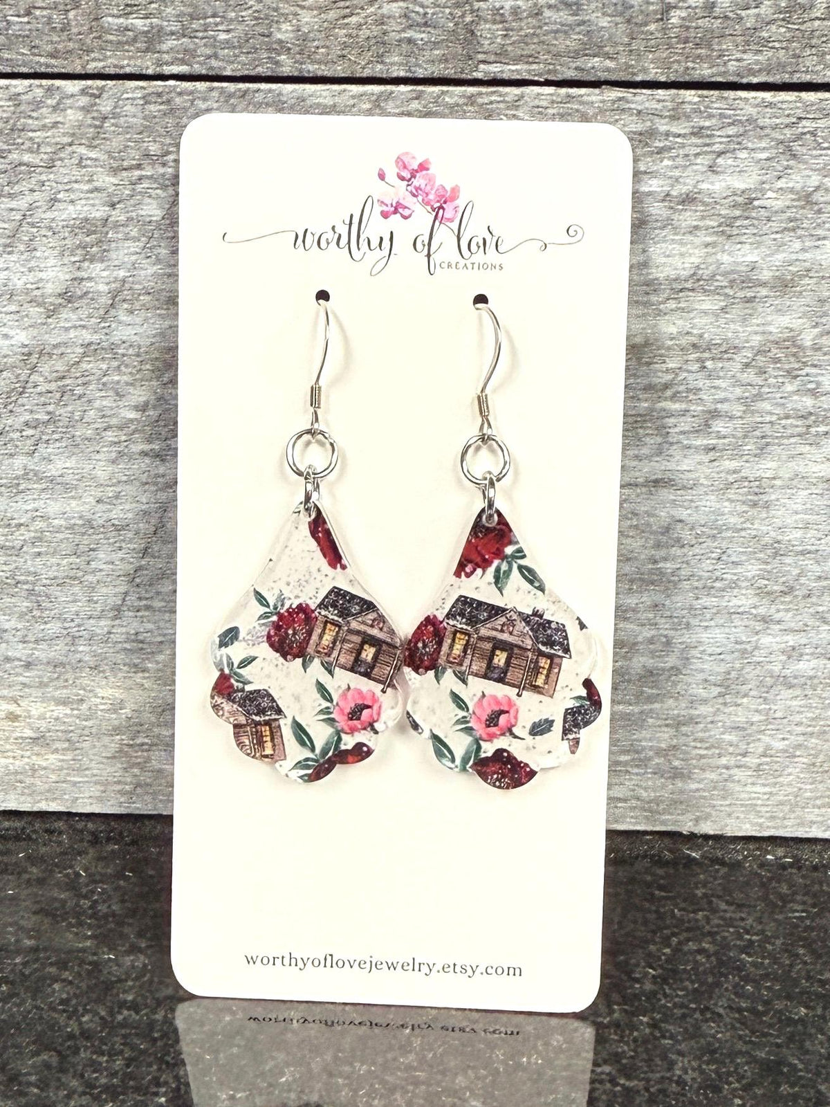 winter white floral cottage earrings, cottagecore earrings, stainless steel and acrylic