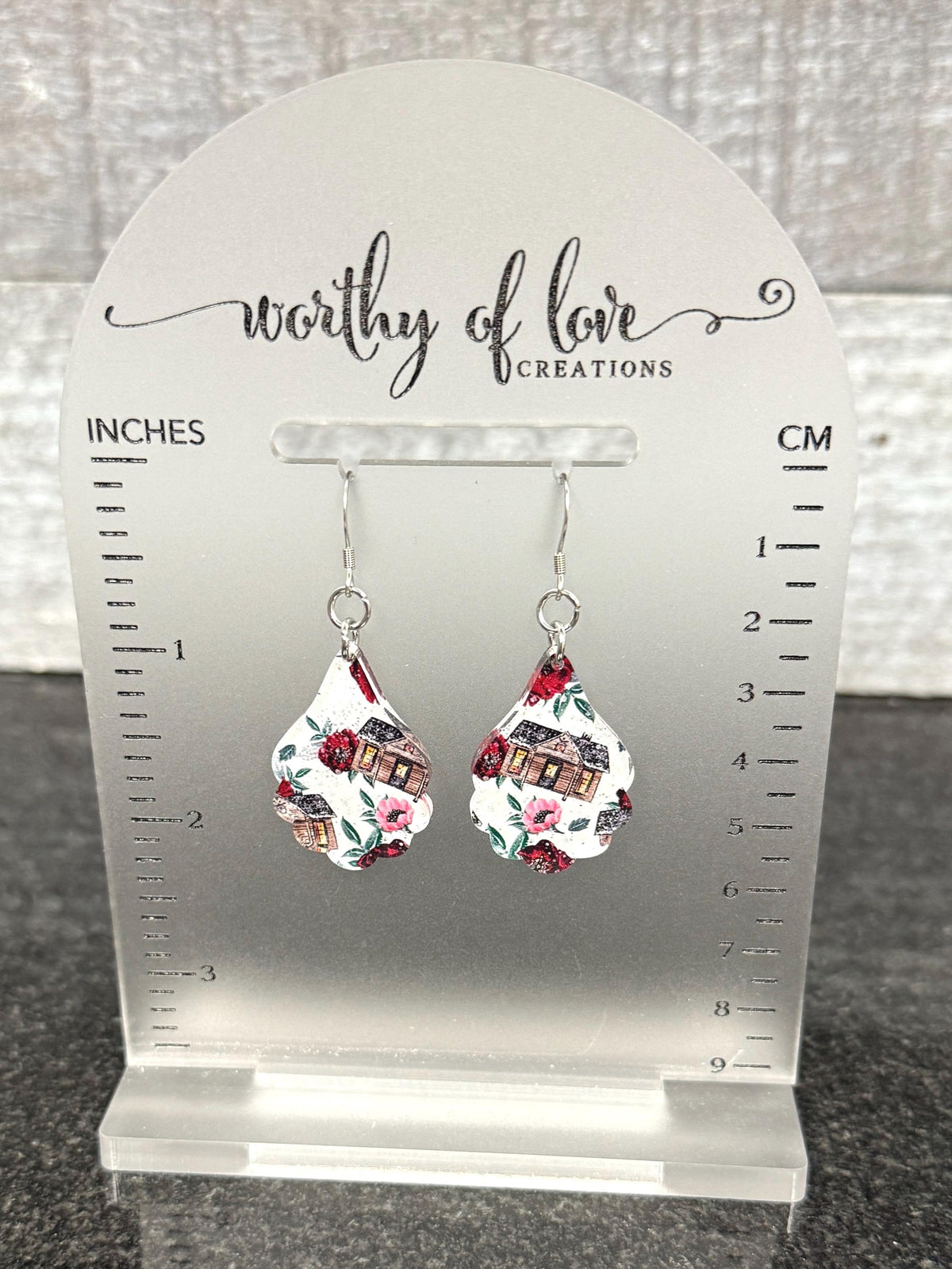 winter white floral cottage earrings, cottagecore earrings, stainless steel and acrylic