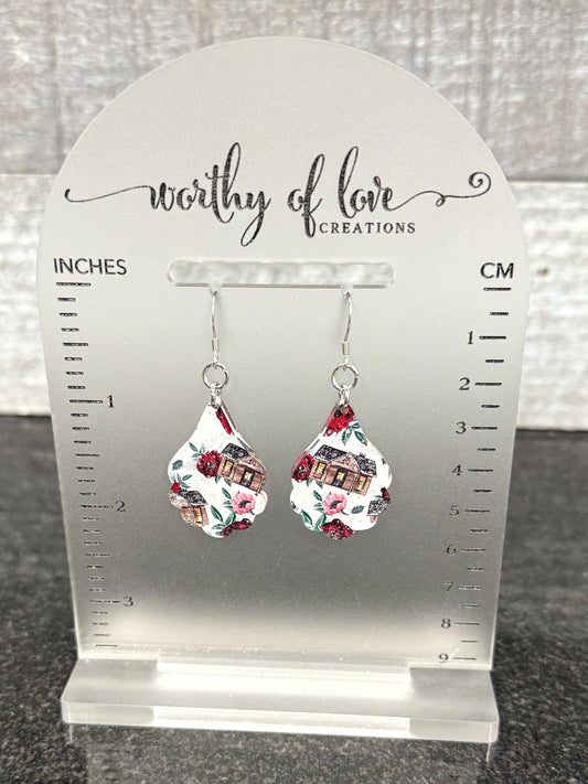 winter white floral cottage earrings, cottagecore earrings, stainless steel and acrylic