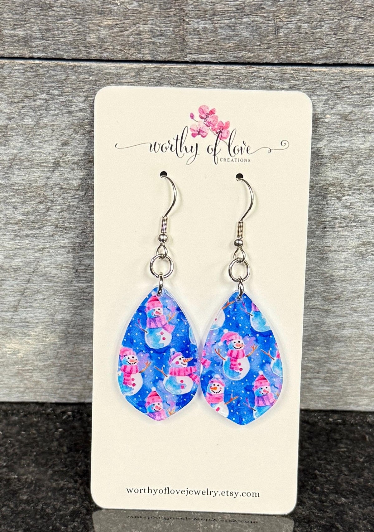 Snowman earrings, stainless steel and acrylic dangle drop earrings