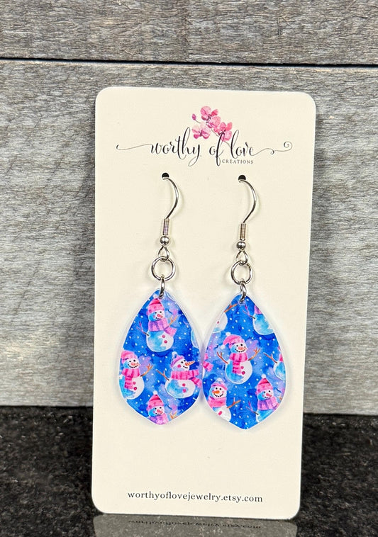 Snowman earrings, stainless steel and acrylic dangle drop earrings
