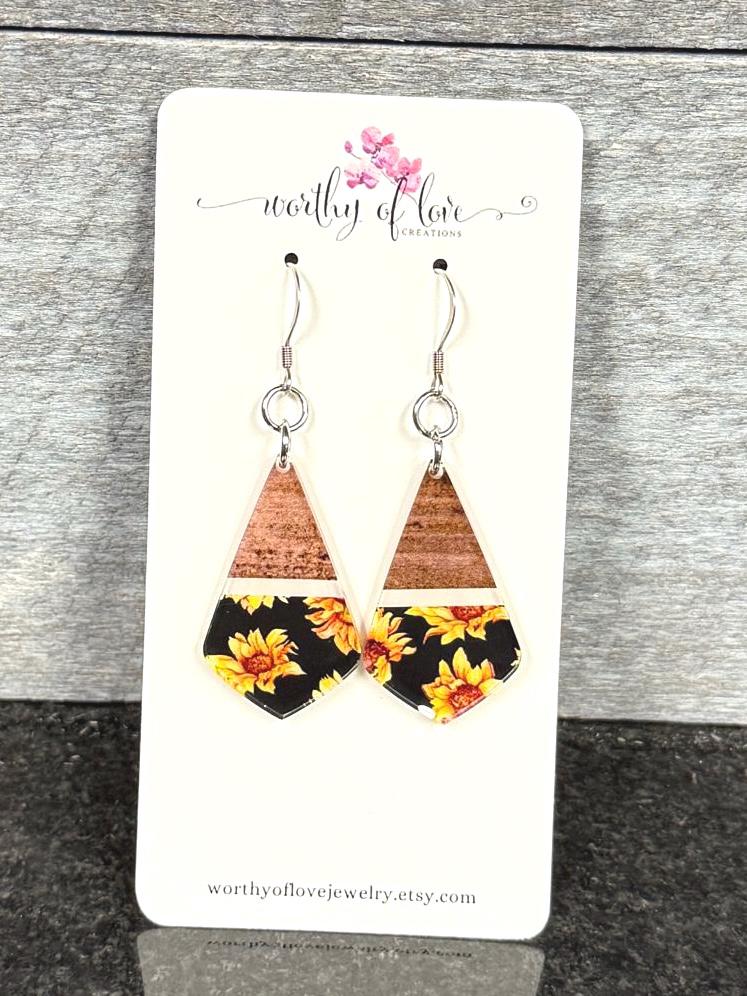 sunflower earrings, acrylic and stainless sunflower jewelry