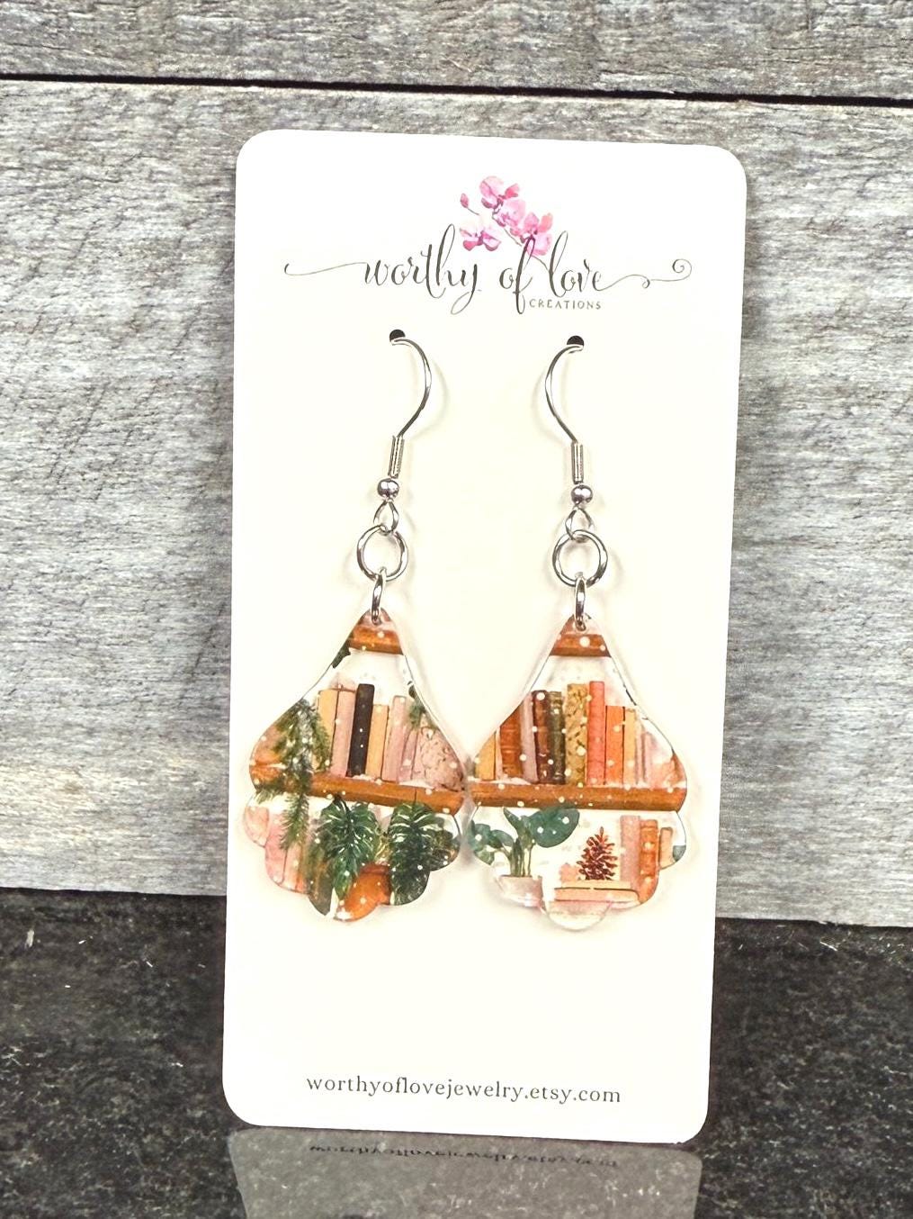 Books and Plants Earrings: Stainless Steel Bookworm Jewelry